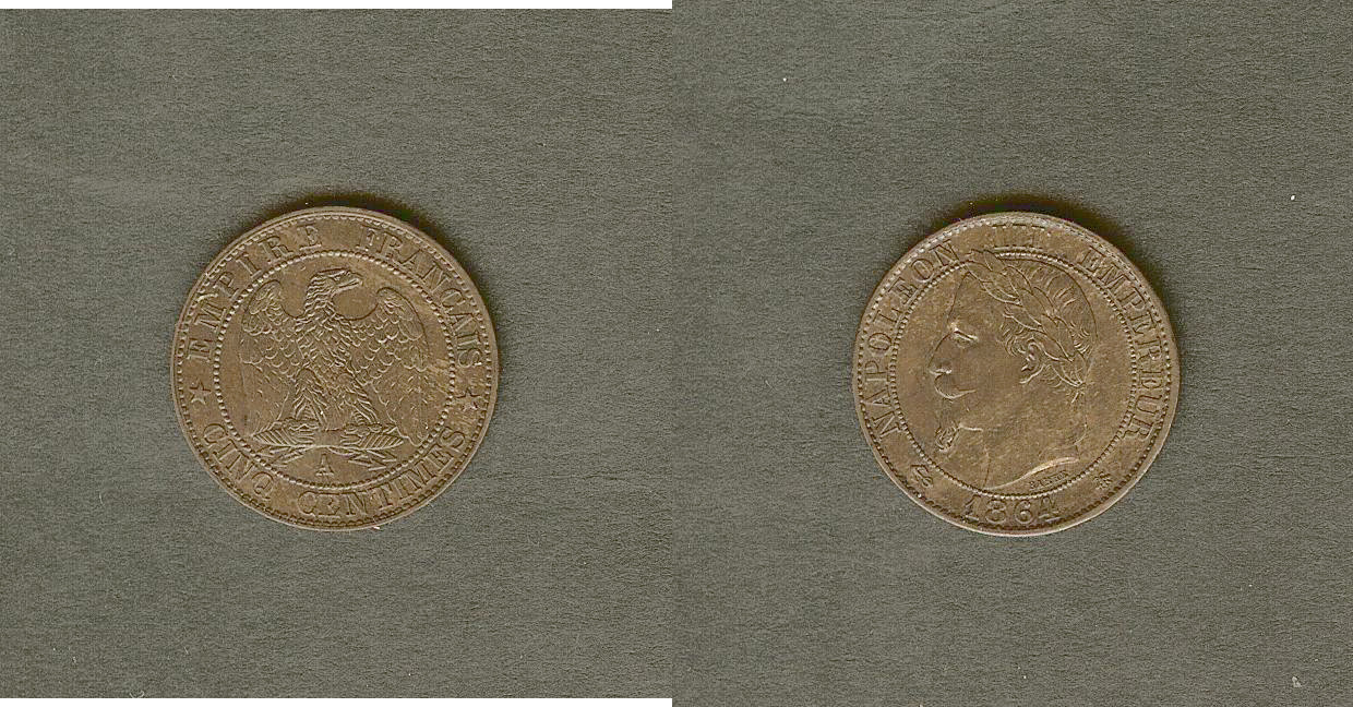 Cinq centimes Napoléon III, tête laurée 1864 Paris SPL-